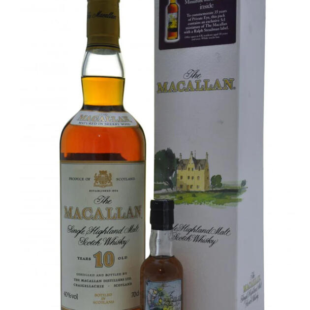 Macallan 10 Year Old Vintage 1990’s Bottling and Macallan Private Eye 5cl Miniature Speyside Single Malt Scotch Whisky